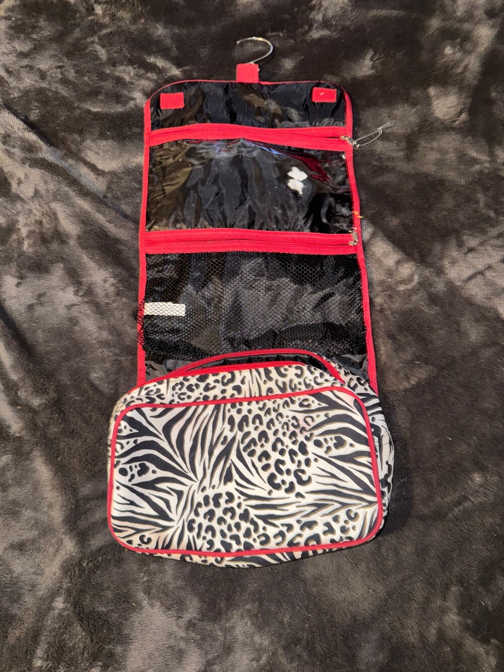 Animal Print Hanging Toiletry Makeup Bag Foldable Hook Red Trim Mesh